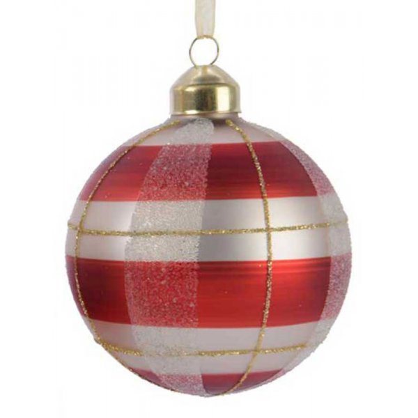 Χριστουγεννιάτικη Γυάλινη Μπάλα, με Κόκκινες και Λευκές Ρίγες (8cm)